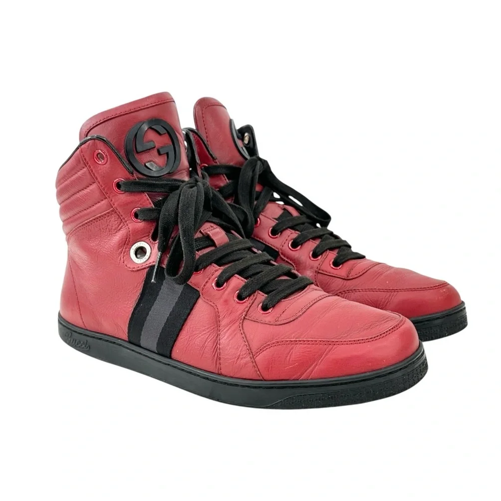GUCCI Viaggio GG Red & Black Men's Leather High Top Lace Up Sneakers sz 8.5